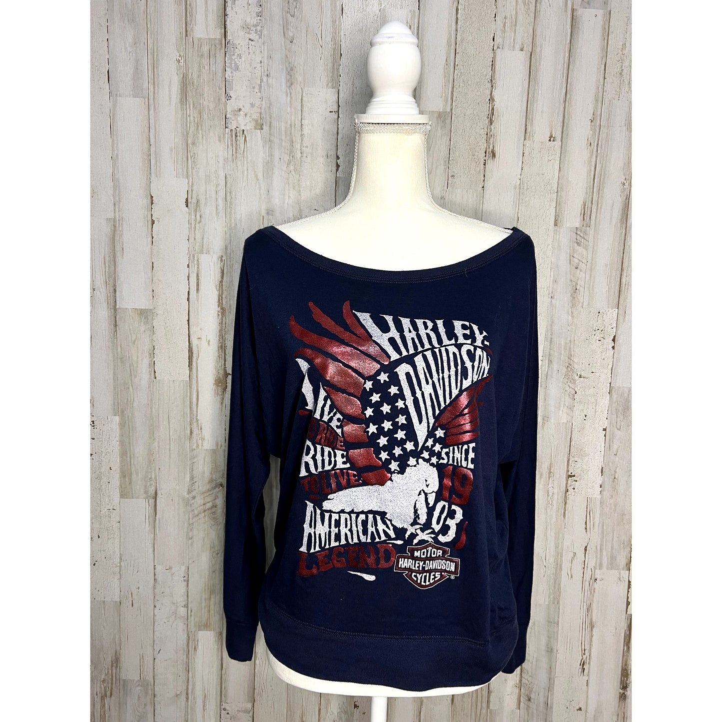 Harley-Davidson Women's Long Sleeve Graphic T-Shirt Blue Size Large Casual