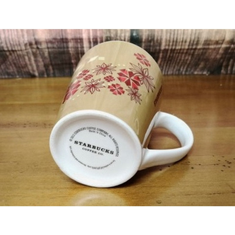 Starbucks Coffee Mug 2009 Tan Holiday Snowflake Floral Cup