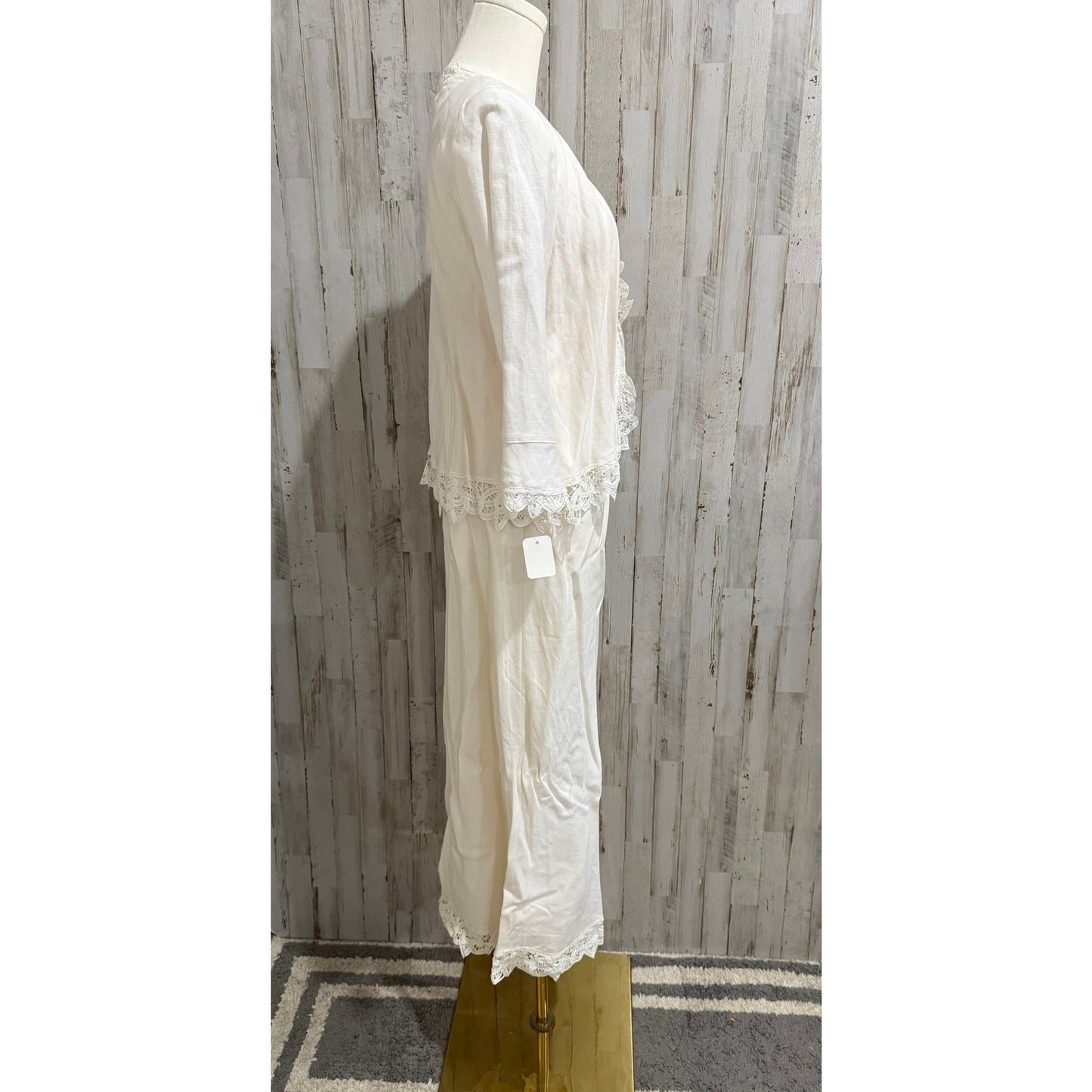 NWT Plaza South 2pc White Linen Battenberg Lace Trim Maxi Dress & Jacket Size 10