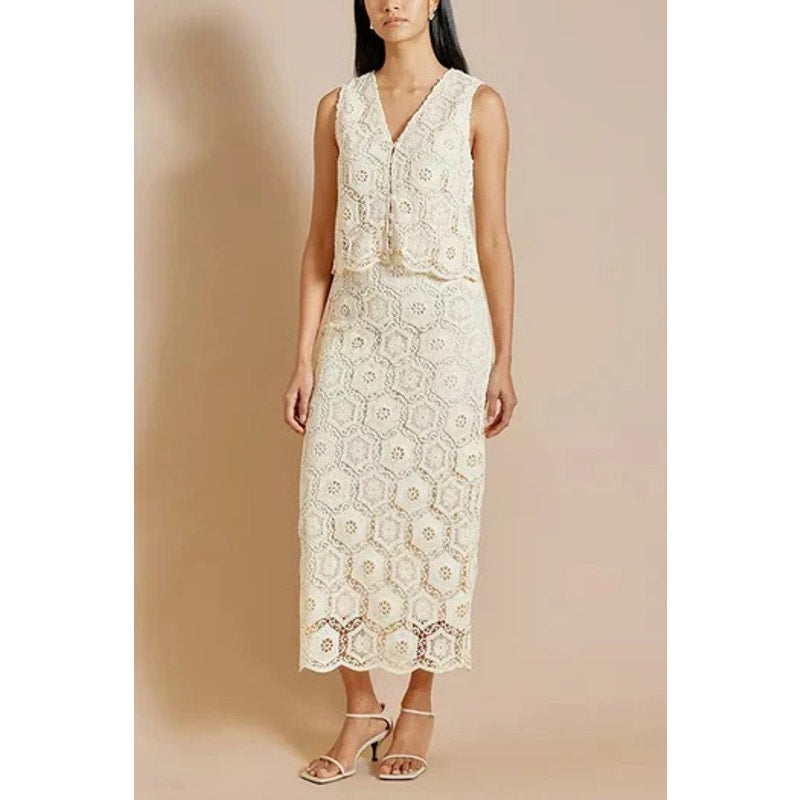 E. Clair Designs Women’s M/L Boho Crochet Top & Midi Skirt Ivory Outfit Set