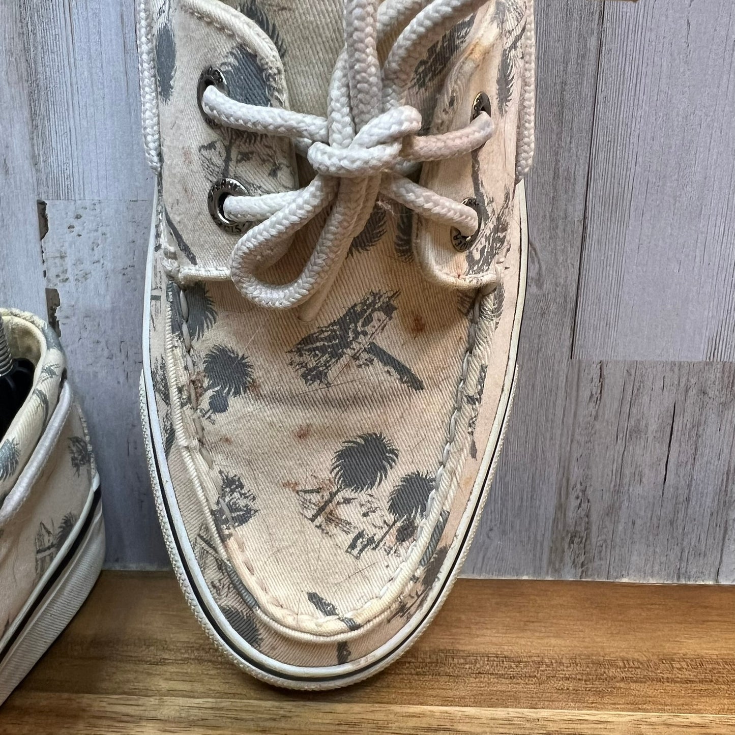 Vintage Sperry Top-Sider Women's 10M Canvas Boat Shoes White Palm Tree Print